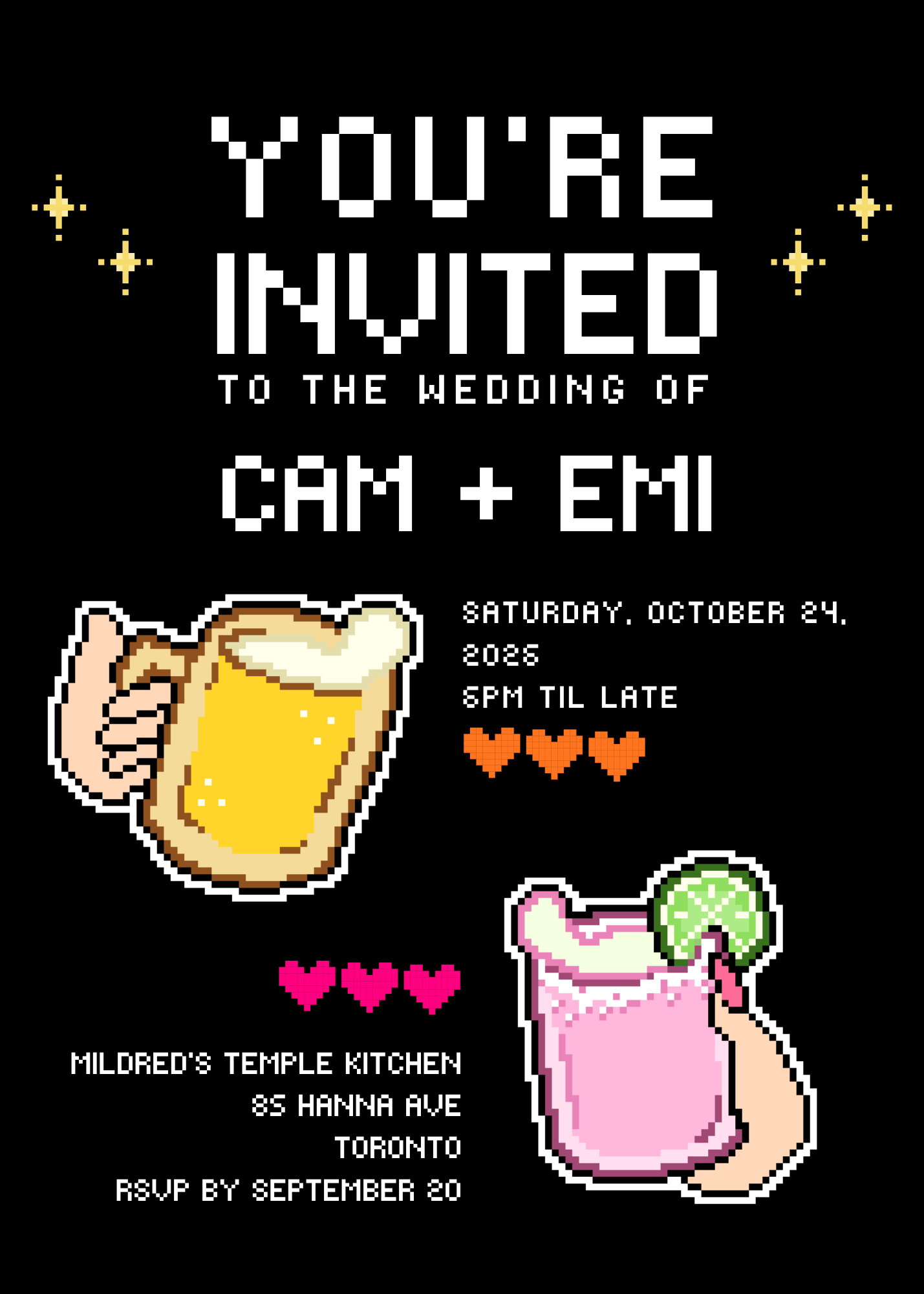 You're Invited to the wedding of Cam + Emi - Saturday, October 24, 2026 - Mildred's Temple Kitchen, Toronto